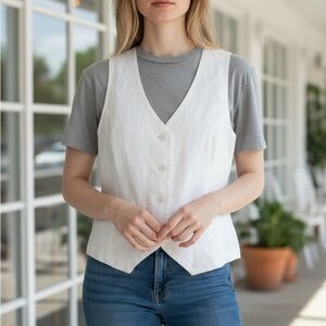 White Sleeveless Button-Up Women's Vest with blue and white stripe back